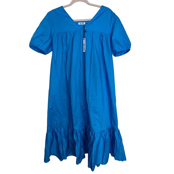 Day + Moon Dresses & Skirts - Day + Moon Blue Cotton Poplin V-Neck Puff Sleeve Midi Dress Large NEW